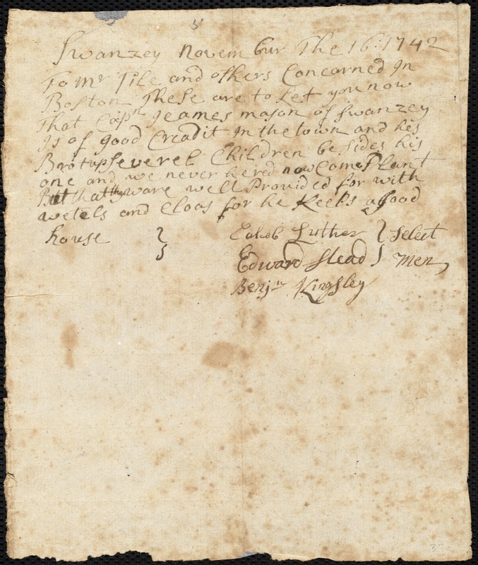 Bathsheba Rogers indentured to apprentice with James Mason of Swansea, 3 November 1742
