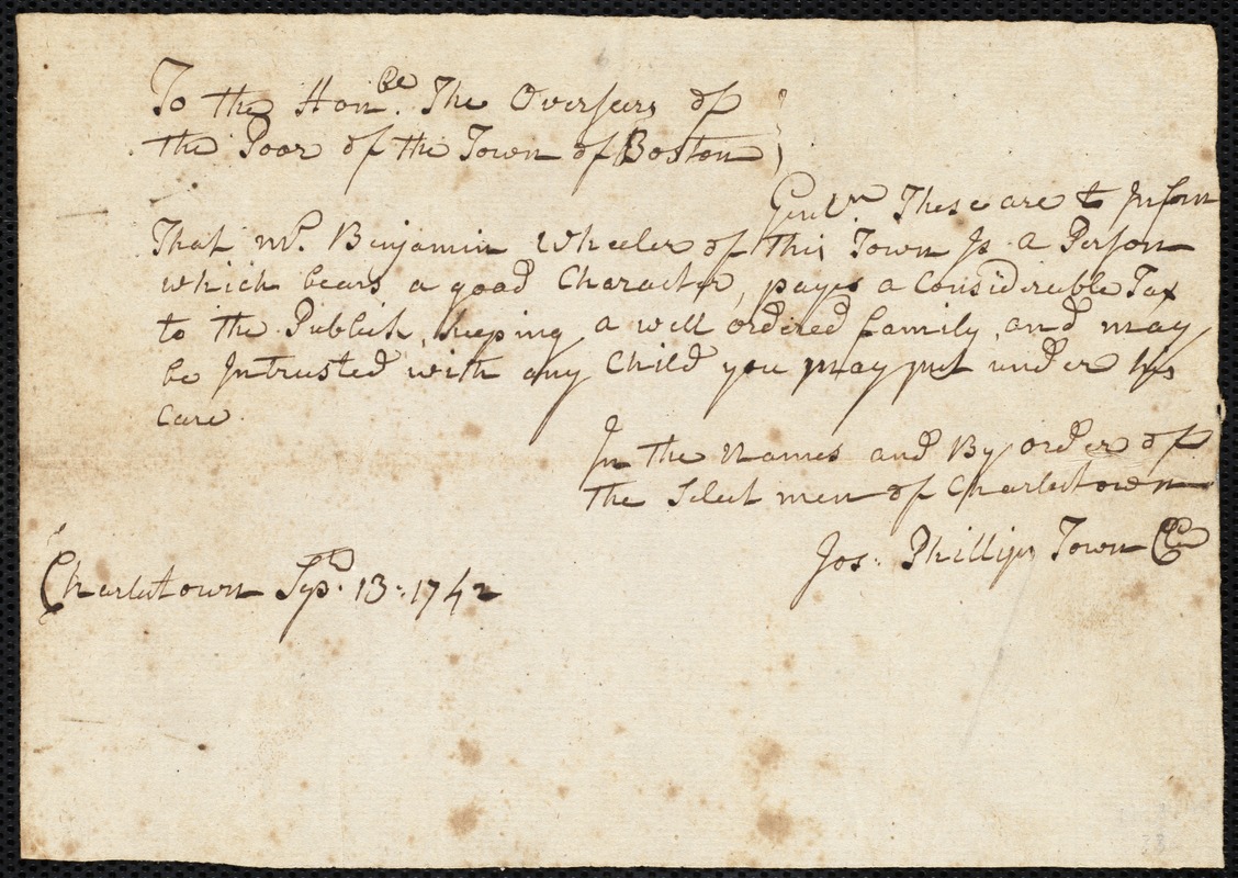 Abiah Basom indentured to apprentice with Benjamin Wheeler of Charlestown, 3 November 1742
