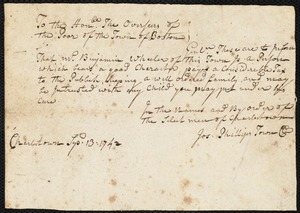 Document of indenture: Servant: Basom, Abiah. Master: Wheeler, Benjamin. Town of Master: Charlestown. Selectmen of the town of Charlestown autograph document signed to the Overseers of the Poor of Boston: Endorsement Certificate for Benjamin Wheeler.