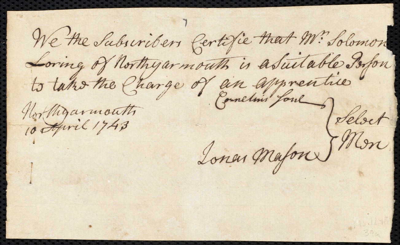 John Astin indentured to apprentice with Solomon Loring of North Yarmouth, 3 November 1742