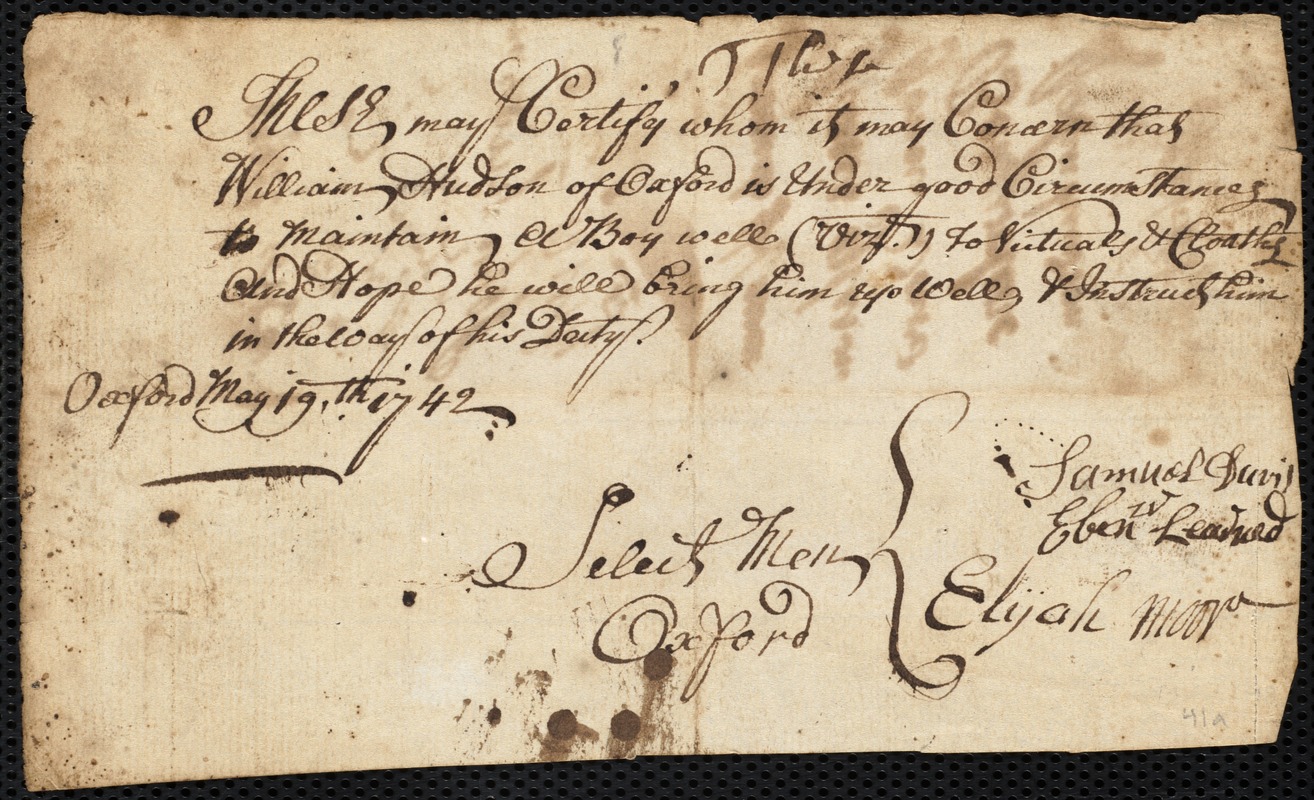 Sarah Cobbit indentured to apprentice with William Hudson of Oxford, 3 November 1742