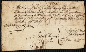 Document of indenture: Servant: Cobbit, Sarah. Master: Hudson, William. Town of Master: Oxford. Selectmen of the town of Oxford autograph document signed to the Overseers of the Poor of Boston: Endorsement Certificate for William Hudson.