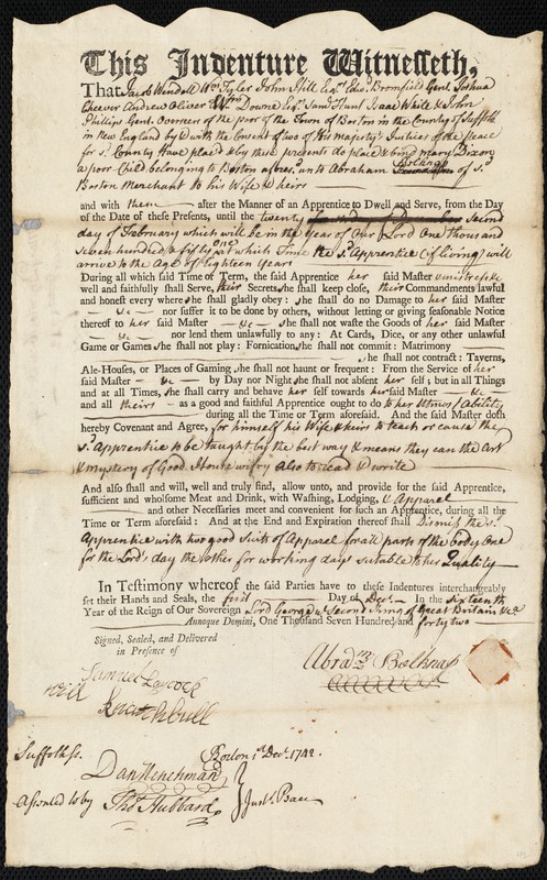 Mary Dixon indentured to apprentice with Abraham Belknap of Boston, 1 December 1742