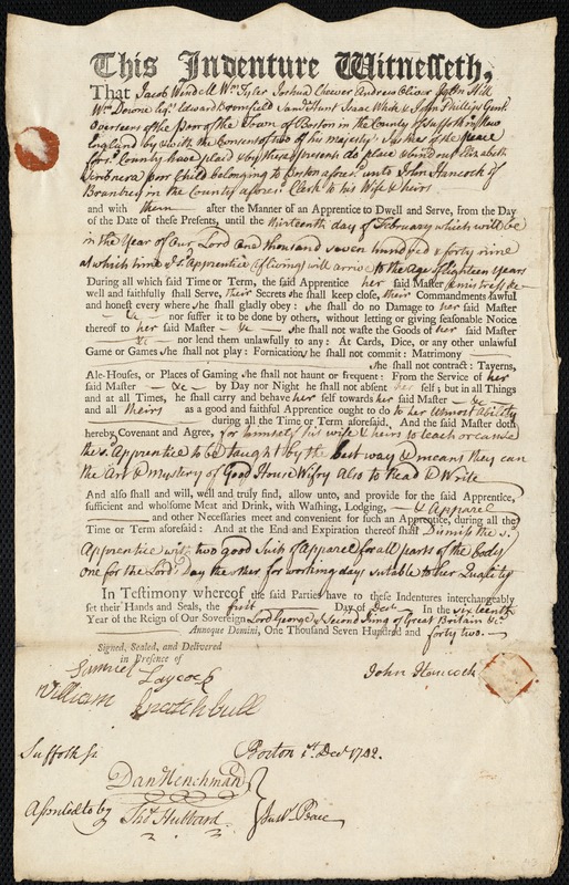 Elisabeth Scribner indentured to apprentice with John Hancock of Braintree, 1 December 1742