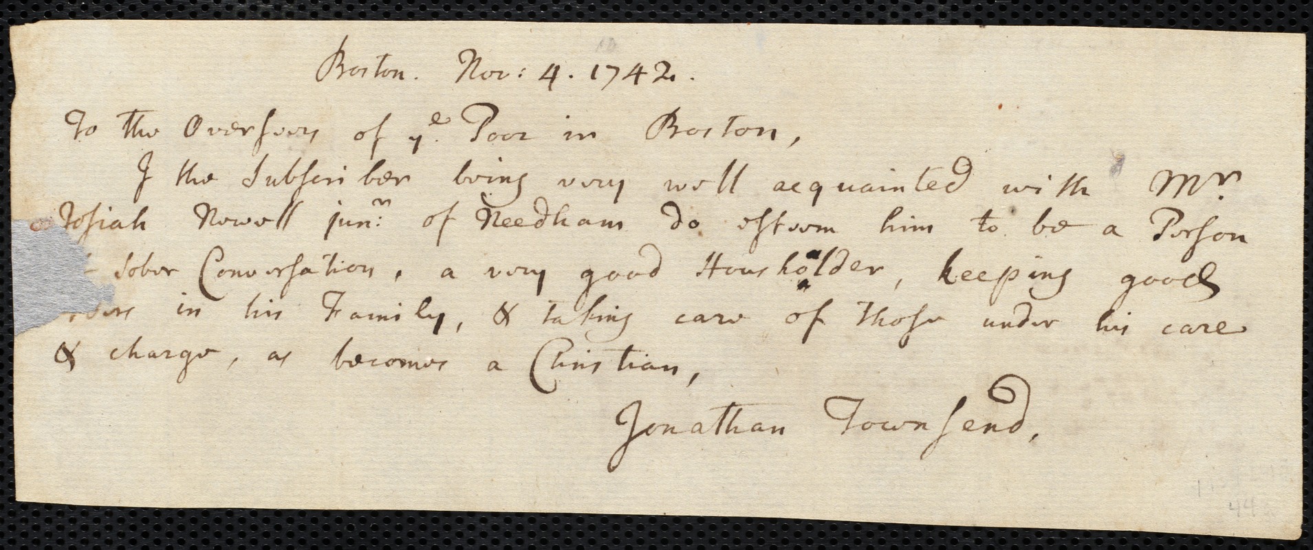 Timothy Hales indentured to apprentice with Josiah Newell of Needham, 1 December 1742