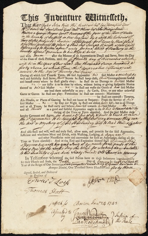 Joseph Warwick indentured to apprentice with Joshua Child of Roxbury, 4 January 1743