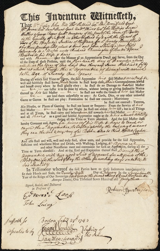 John Slowly indentured to apprentice with Richard Barrington of Boston, 28 February 1743