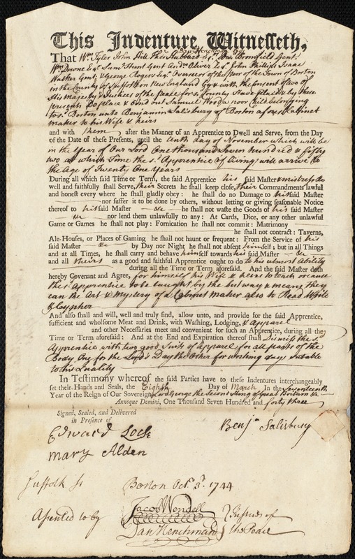 Samuel Wood indentured to apprentice with Benjamin Salisbury of Boston, 8 March 1743