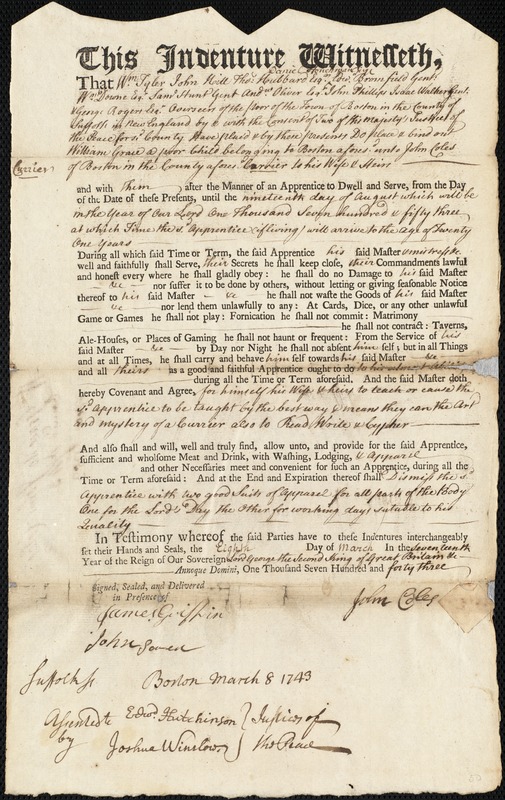 William Grace indentured to apprentice with John Coles of Boston, 8 March 1743