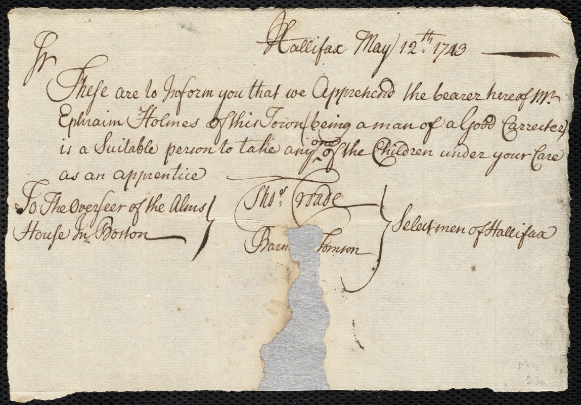 Alexander LeBlond indentured to apprentice with Ephraim [Ephraiem] Holmes of Middleboro, 6 April 1743