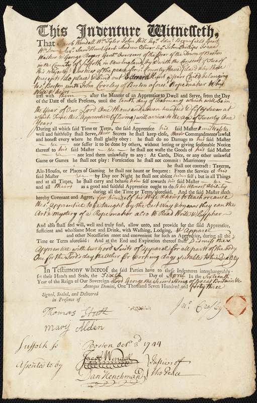 Edward Hunt indentured to apprentice with John Crosley of Boston, 6 April 1743