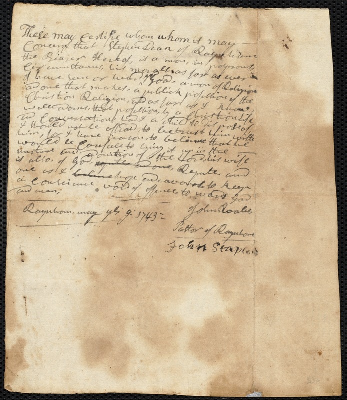 Ebenezer Pratt indentured to apprentice with Stephen Dean of Raynham, 29 June 1743