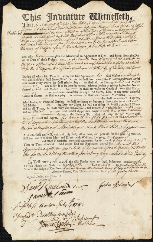 Robert Kneeland indentured to apprentice with John Blower of Boston, 19 July 1743