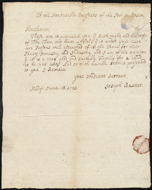 Lydia Robinson indentured to apprentice with Seth Wight of Medfield, 3 August 1743