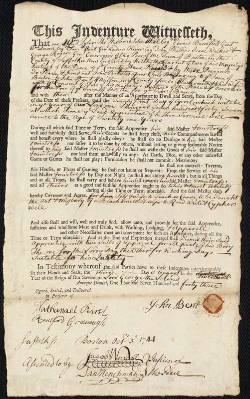 John Ransted indentured to apprentice with John Bent of Milton, 3 August 1743