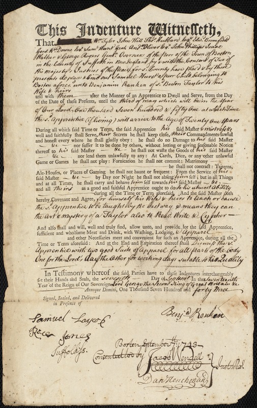 Samuel Hurst indentured to apprentice with Benjamin Ranken of Boston, 7 September 1743