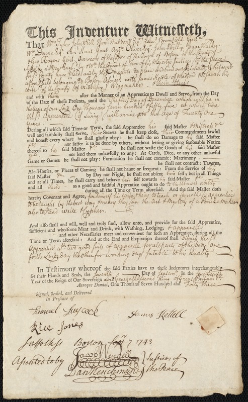 Richard Whitcomb indentured to apprentice with James Kettell of Medford, 7 September 1743