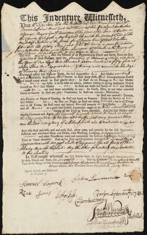 John McGuire indentured to apprentice with John Lawrence of Woburn, 7 September 1743