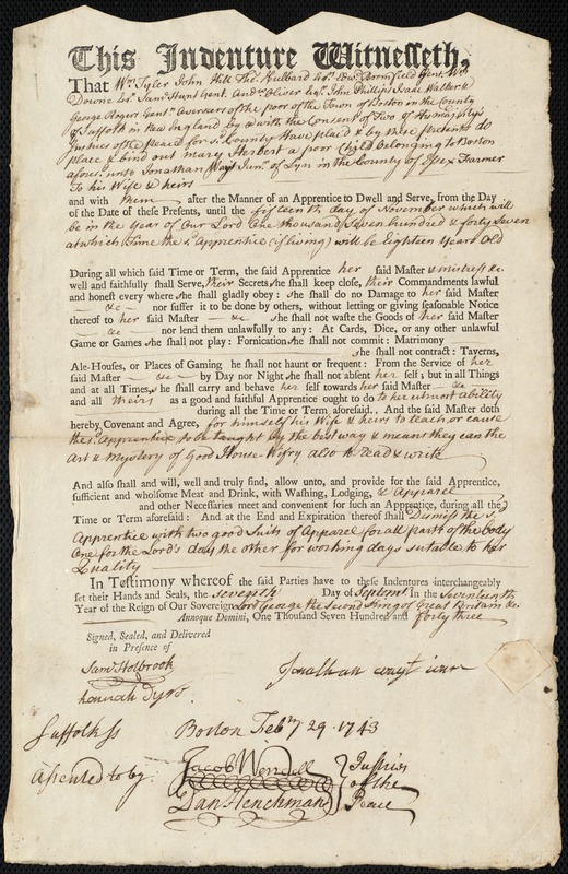 Mary Herbert indentured to apprentice with Jonathan Wayt, Jr. of Lynn, 7 September 1743