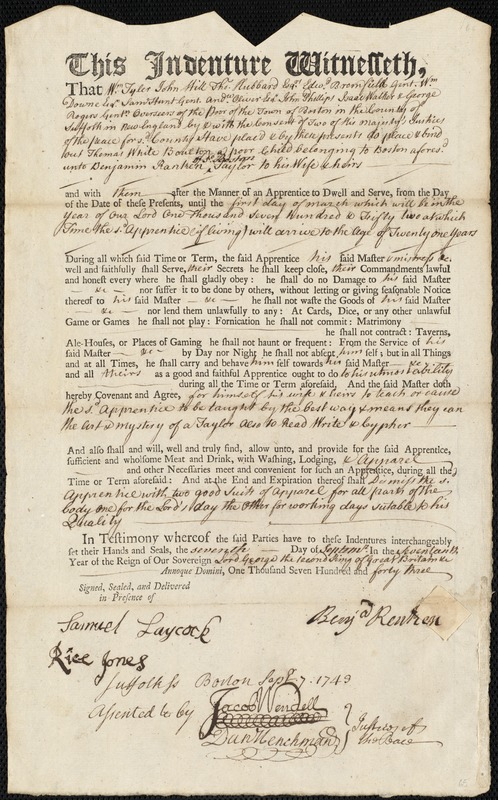 Thomas W Boulton indentured to apprentice with Benjamin Ranken of Boston, 7 September 1743