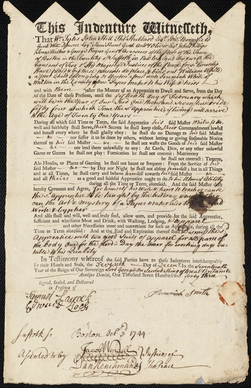 William White indentured to apprentice with Jeremiah Smith of Milton, 7 December 1743