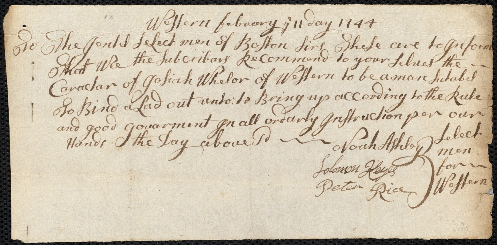 Timothy Bowen indentured to apprentice with Josiah Wheeler [Josia Wheler] of Western, 6 February 1744