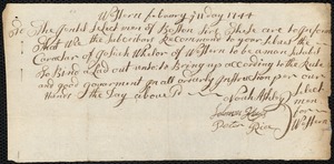 Document of indenture: Servant: Bowen, Timothy. Master: Wheeler, Josiah [Wheler, Josia]. Town of Master: Western. Selectmen of the town of Western autograph document signed to the Overseers of the Poor of Boston: Endorsement Certificate for Josia Wheler.