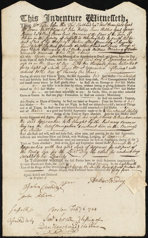 Lewis Sharpe indentured to apprentice with Andrew Breading of Boston, 6 February 1744