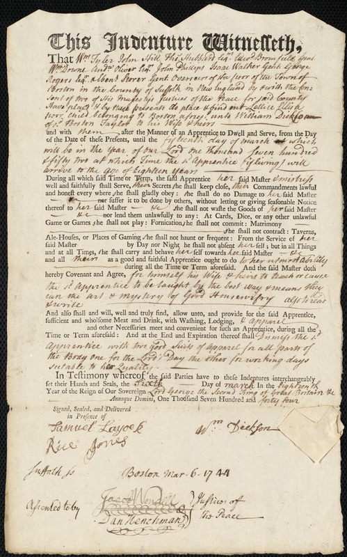 Lettice Ellis indentured to apprentice with William Dickson of Boston, 6 March 1744