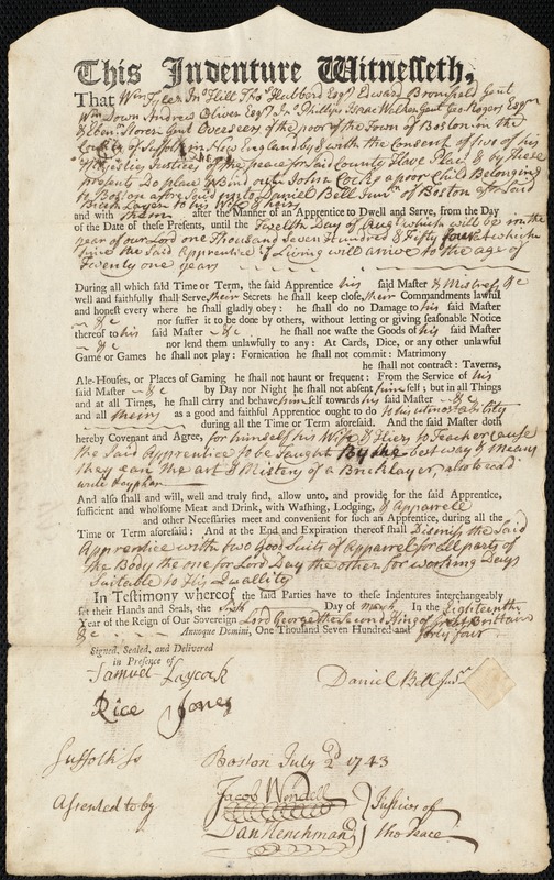 John Cocks indentured to apprentice with Daniel Bell, Jr. of Boston, 6 March 1744