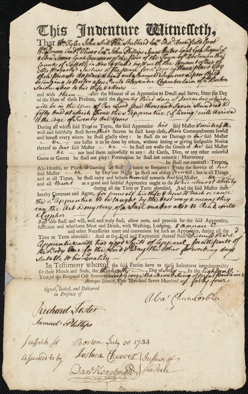 Samuel Sumner indentured to apprentice with Alexander Chamberlain of Boston, 13 July 1744