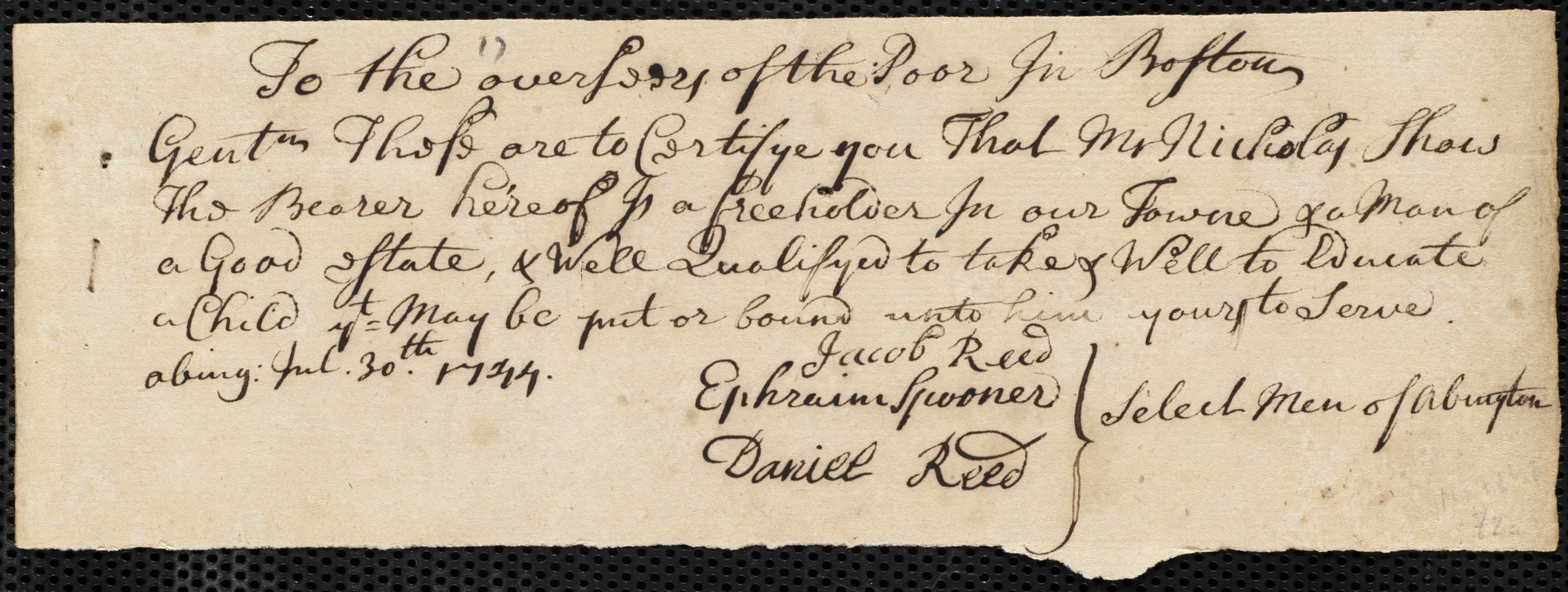Josiah Baker indentured to apprentice with Nicholas Shaw of Abington, 1 August 1744