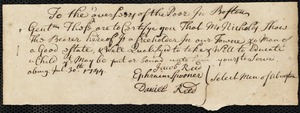 Document of indenture: Servant: Baker, Josiah. Master: Shaw, Nicholas. Town of Master: Abington. Selectmen of the town of Arlington autograph document signed to the Overseers of the Poor of Boston: Endorsement Certificate for Nicholas Shaw.