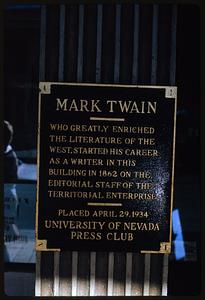 Sign commemorating Mark Twain's work at the Territorial Enterprise, Virginia City, Nevada