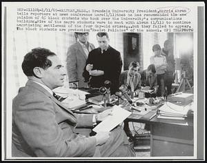 Brandeis University President, Morris Abram tells reporters at news conference here (1/11) that he has recommended the expulsion of 65 black students who took over the University's communications building. Five of the negro students were to meet with Abram (1/11) to continue negotiating settlement of the four day-old crises...but they failed to appear. The black students are protesting "Racist Policies" of the school.