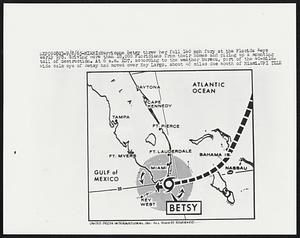 Miami: Hurricane Betsy threw her full 140 mh fury at the Florida Keys early 9/8, driving more than 18,000 Floridians from their homes and piling up a mounting toll of destruction. At 6 a.m. EDT, according to the weather bureau, part of the 40-mile-wide calm eye of Betsy had moved over Key Largo, about 40 miles due south of Miami.