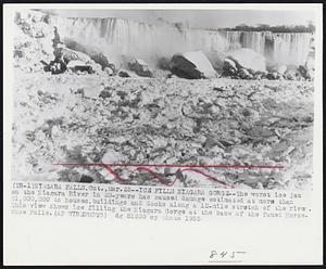 Ice Fills Niagara Gorge-- The worst ice jam on the Niagara River in 20-years has caused damage estimated at more than $1,000,000 to houses, buildings and docks along a 12-mile stretch of the river. This view shows ice filling the Niagara Gorge at the base of the famed Horseshoe Falls.