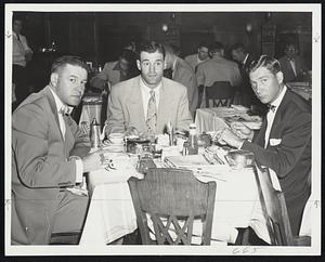 Tigers at Breakfast at the Kenmore are (left to right) Outfielder Don Lund, First baseman Walt Dropo and Pitcher H al Newhouser awaiting today's game with Red Sox. Lund hit a Fenway homer last night with Dropo aboard.