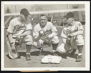 Frisch Takes Over. The new boss of the Pittsburgh Pirates, Manager Frankie Frisch (center) talks over matters with two of his infielders, Frank Gustine (left) and Lem Young, as spring training began at San Bernardino, Cal. Young's from Jamestown, N.C., and Gustine hails from Chicago.