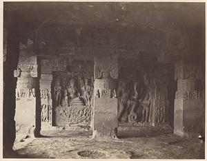 View of sculpted panels, Cave 14, Ellora Caves, India