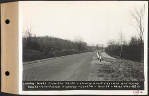 Contract No. 41, Extension of Belchertown-Pelham Highway, Belchertown, Pelham, looking north from Sta. 38+00, showing brook diversion and riprap, Belchertown and Pelham, Mass., Dec. 6, 1934