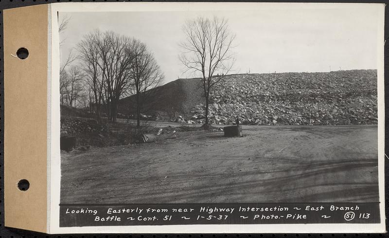 Contract No. 51, East Branch Baffle, Site of Quabbin Reservoir, Greenwich, Hardwick, looking easterly from near highway intersection, east branch baffle, Hardwick, Mass., Jan. 5, 1937