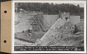 Contract No. 66, Regulating Dams, Middle Branch (New Salem), and East Branch of the Swift River, Hardwick and Petersham (formerly Dana), looking northerly at dam 4, middle branch regulating dams, Hardwick, Mass., Sep. 12, 1939