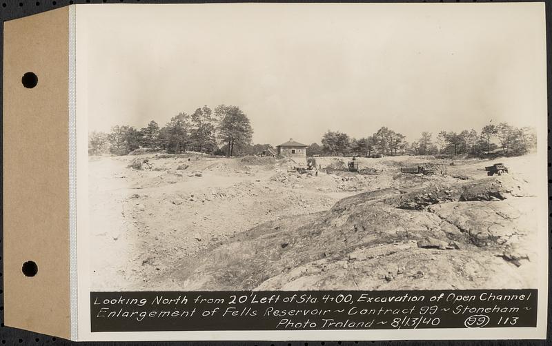 Contract No. 99, Enlargement of Fells High Level Distribution Reservoir, Stoneham, Malden, Melrose, looking north from 20 feet left of Sta. 4+00, excavation of open channel, enlargement of Fells Reservoir, Stoneham, Mass., Aug. 13, 1940