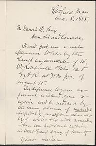 Letter from Adolphus Greely, Pittsfield, Mass., to Darwin C. Pavey, 1885 August 8