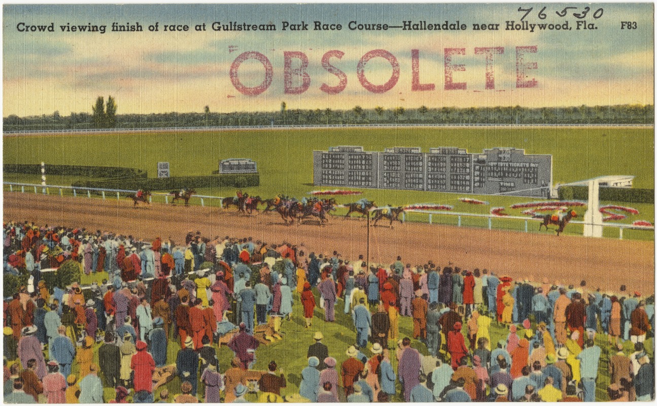 Crowd viewing finish of race at Gulfstream Park Race Course- Hallendale near Hollywood, Fla.