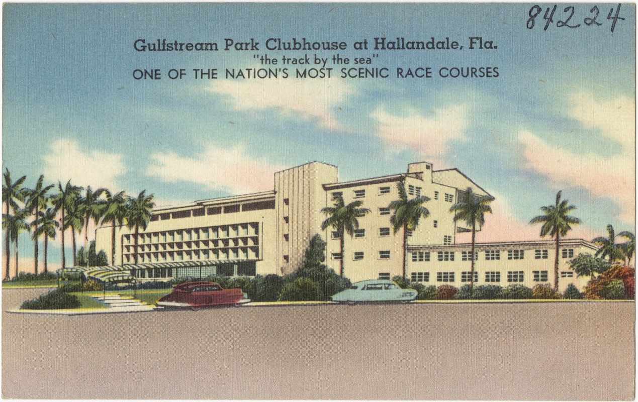 Gulfstream Park Clubhouse at Hallandale, Fla. "the track by the sea" one of the nation's most scenic race courses.