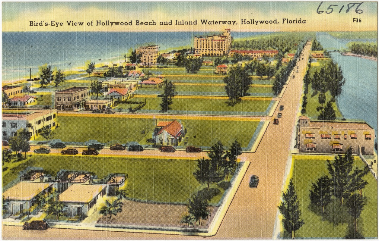 Bird's-eye view of Hollywood Beach and inland waterway, Hollywood, Florida