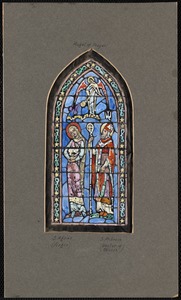 S. Agnes (virgin), S. Ambrose (doctor of church). Color design fo right side sanctuary window, Star of the Sea Church, Marblehead. Not used