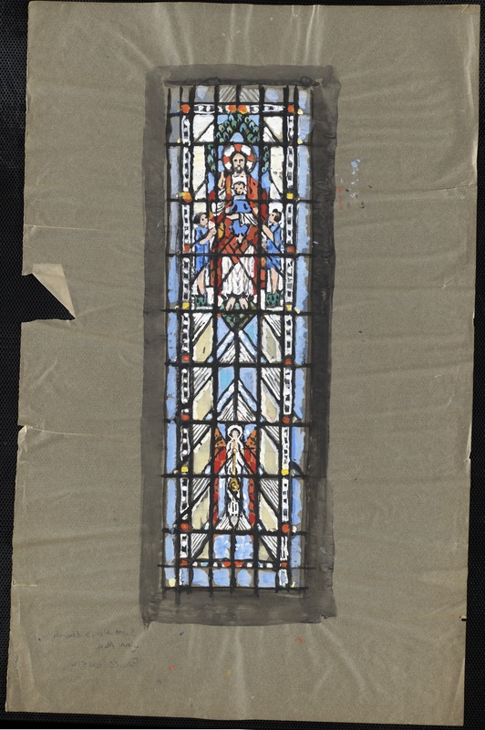 Window with Jesus surrounded by children in the upper middle, with figure of angel in lower middle